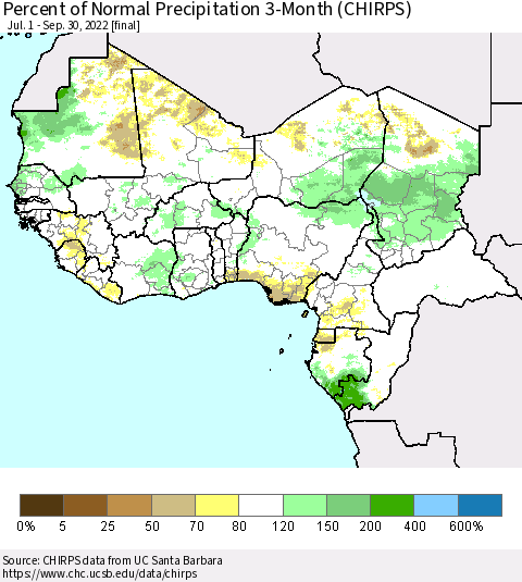 Western Africa Percent of Normal Precipitation 3-Month (CHIRPS) Thematic Map For 7/1/2022 - 9/30/2022