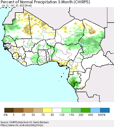 Western Africa Percent of Normal Precipitation 3-Month (CHIRPS) Thematic Map For 7/11/2022 - 10/10/2022