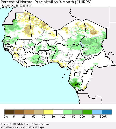 Western Africa Percent of Normal Precipitation 3-Month (CHIRPS) Thematic Map For 7/16/2022 - 10/15/2022