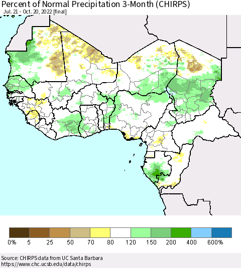 Western Africa Percent of Normal Precipitation 3-Month (CHIRPS) Thematic Map For 7/21/2022 - 10/20/2022