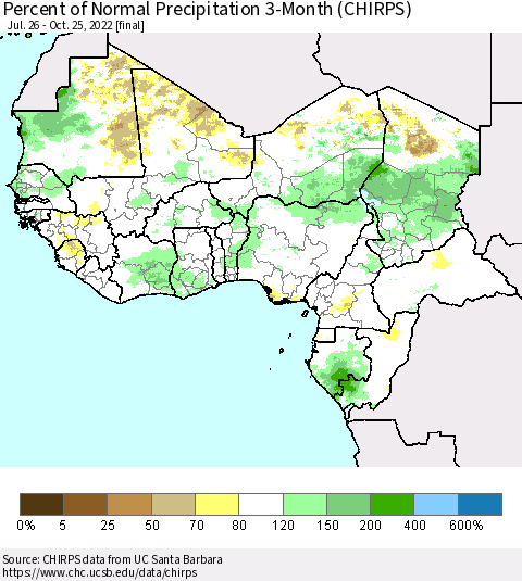 Western Africa Percent of Normal Precipitation 3-Month (CHIRPS) Thematic Map For 7/26/2022 - 10/25/2022