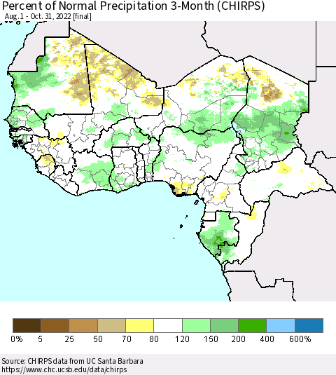 Western Africa Percent of Normal Precipitation 3-Month (CHIRPS) Thematic Map For 8/1/2022 - 10/31/2022