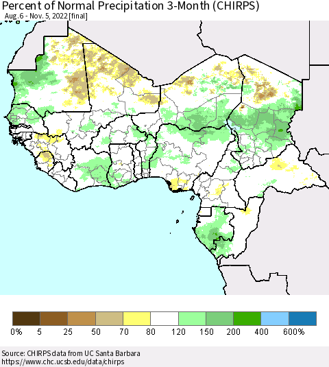 Western Africa Percent of Normal Precipitation 3-Month (CHIRPS) Thematic Map For 8/6/2022 - 11/5/2022