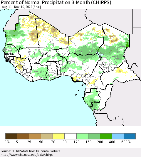 Western Africa Percent of Normal Precipitation 3-Month (CHIRPS) Thematic Map For 8/11/2022 - 11/10/2022