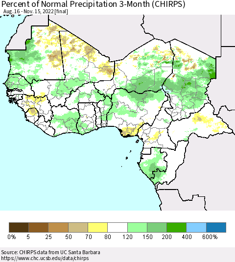 Western Africa Percent of Normal Precipitation 3-Month (CHIRPS) Thematic Map For 8/16/2022 - 11/15/2022