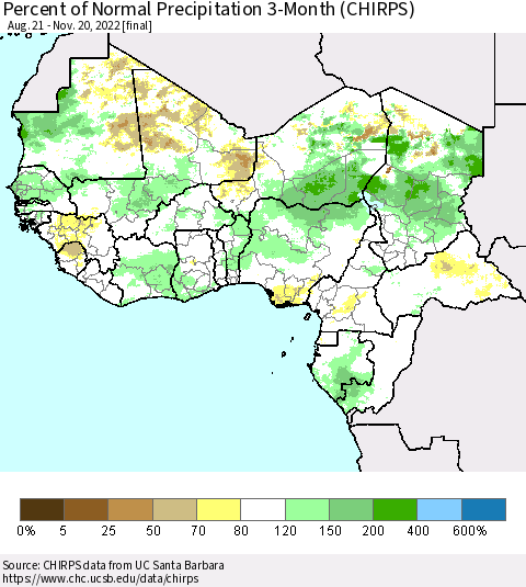 Western Africa Percent of Normal Precipitation 3-Month (CHIRPS) Thematic Map For 8/21/2022 - 11/20/2022