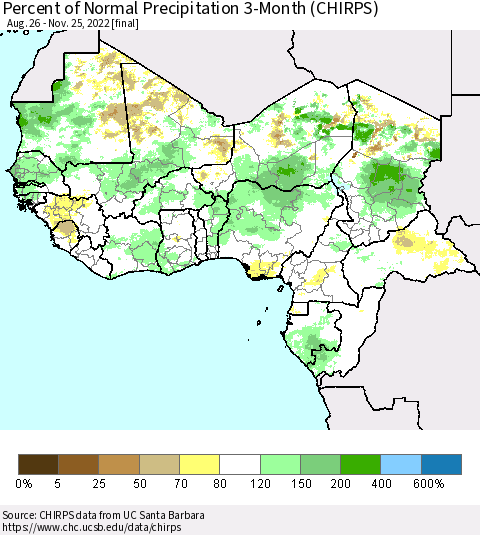 Western Africa Percent of Normal Precipitation 3-Month (CHIRPS) Thematic Map For 8/26/2022 - 11/25/2022