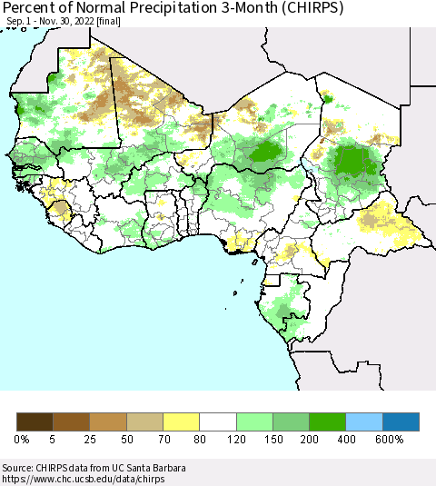 Western Africa Percent of Normal Precipitation 3-Month (CHIRPS) Thematic Map For 9/1/2022 - 11/30/2022