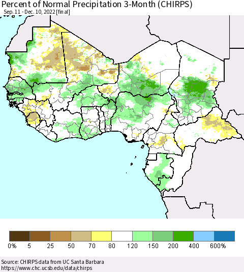 Western Africa Percent of Normal Precipitation 3-Month (CHIRPS) Thematic Map For 9/11/2022 - 12/10/2022