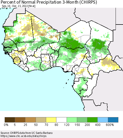 Western Africa Percent of Normal Precipitation 3-Month (CHIRPS) Thematic Map For 9/16/2022 - 12/15/2022