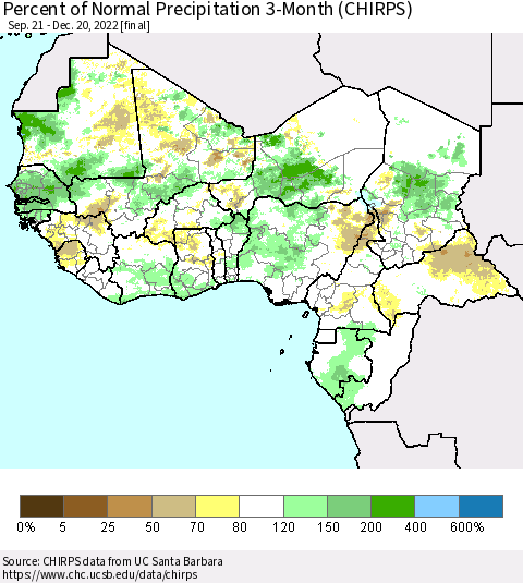 Western Africa Percent of Normal Precipitation 3-Month (CHIRPS) Thematic Map For 9/21/2022 - 12/20/2022