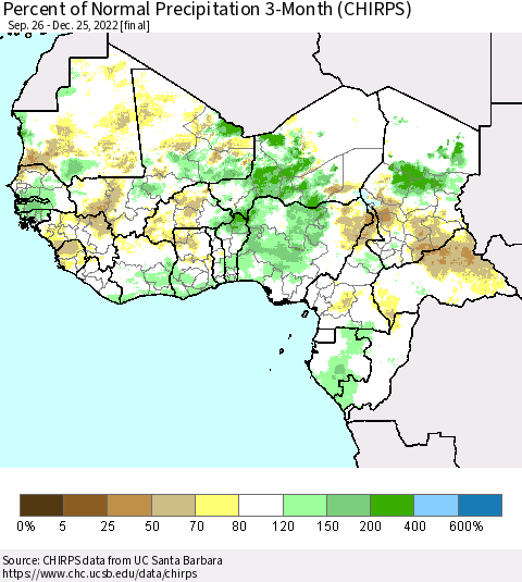 Western Africa Percent of Normal Precipitation 3-Month (CHIRPS) Thematic Map For 9/26/2022 - 12/25/2022