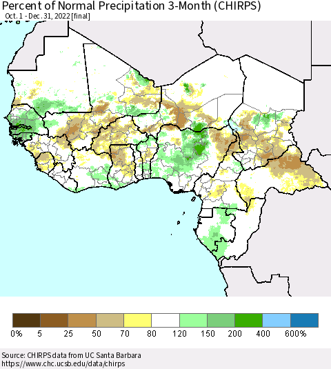 Western Africa Percent of Normal Precipitation 3-Month (CHIRPS) Thematic Map For 10/1/2022 - 12/31/2022