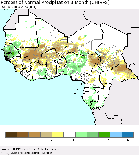 Western Africa Percent of Normal Precipitation 3-Month (CHIRPS) Thematic Map For 10/6/2022 - 1/5/2023