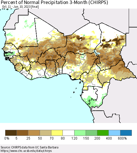 Western Africa Percent of Normal Precipitation 3-Month (CHIRPS) Thematic Map For 10/11/2022 - 1/10/2023
