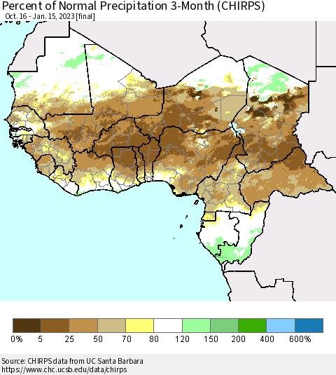 Western Africa Percent of Normal Precipitation 3-Month (CHIRPS) Thematic Map For 10/16/2022 - 1/15/2023