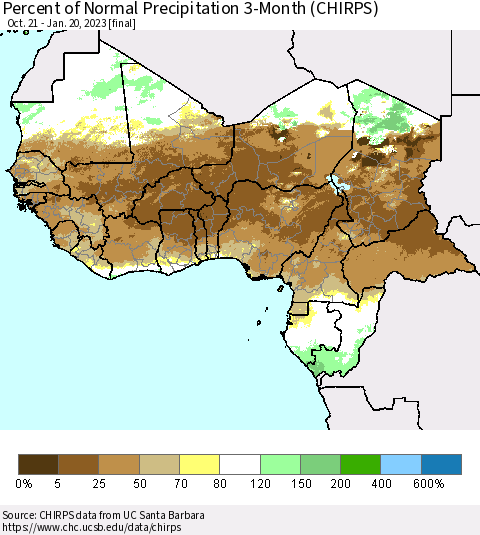 Western Africa Percent of Normal Precipitation 3-Month (CHIRPS) Thematic Map For 10/21/2022 - 1/20/2023