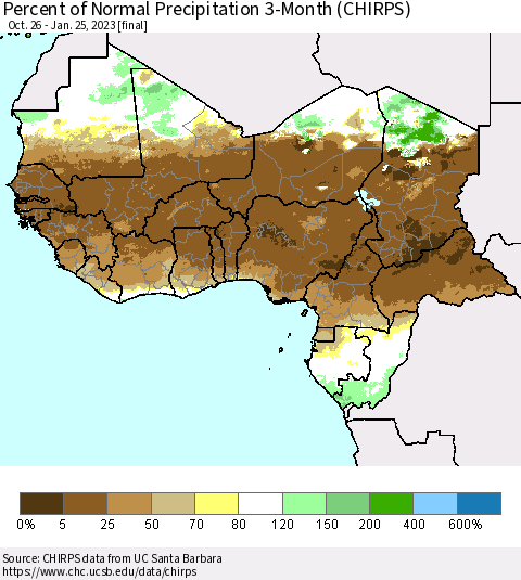 Western Africa Percent of Normal Precipitation 3-Month (CHIRPS) Thematic Map For 10/26/2022 - 1/25/2023