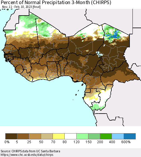Western Africa Percent of Normal Precipitation 3-Month (CHIRPS) Thematic Map For 11/11/2022 - 2/10/2023