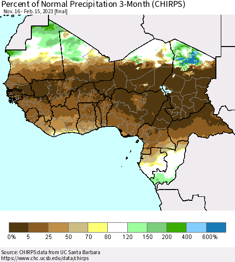 Western Africa Percent of Normal Precipitation 3-Month (CHIRPS) Thematic Map For 11/16/2022 - 2/15/2023