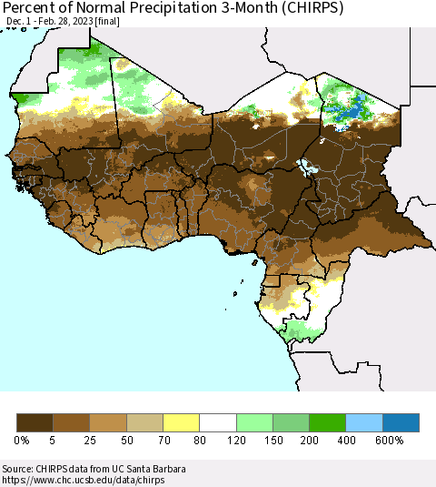 Western Africa Percent of Normal Precipitation 3-Month (CHIRPS) Thematic Map For 12/1/2022 - 2/28/2023