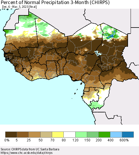 Western Africa Percent of Normal Precipitation 3-Month (CHIRPS) Thematic Map For 12/6/2022 - 3/5/2023