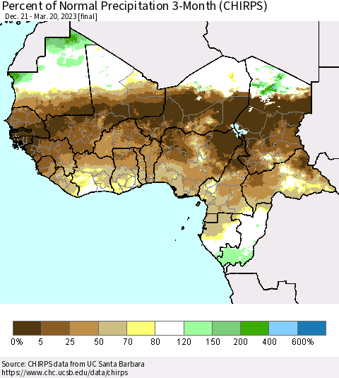 Western Africa Percent of Normal Precipitation 3-Month (CHIRPS) Thematic Map For 12/21/2022 - 3/20/2023