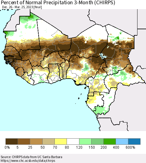 Western Africa Percent of Normal Precipitation 3-Month (CHIRPS) Thematic Map For 12/26/2022 - 3/25/2023