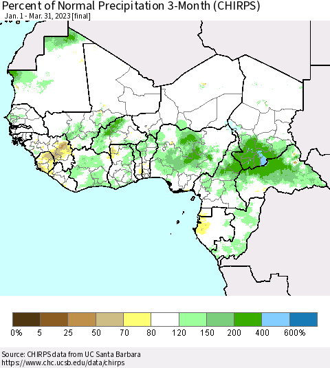 Western Africa Percent of Normal Precipitation 3-Month (CHIRPS) Thematic Map For 1/1/2023 - 3/31/2023