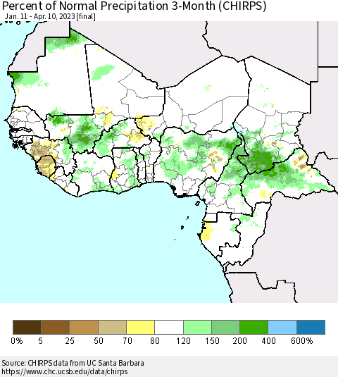 Western Africa Percent of Normal Precipitation 3-Month (CHIRPS) Thematic Map For 1/11/2023 - 4/10/2023
