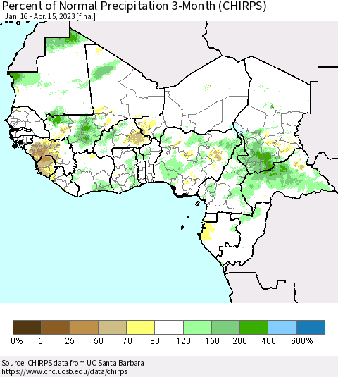 Western Africa Percent of Normal Precipitation 3-Month (CHIRPS) Thematic Map For 1/16/2023 - 4/15/2023