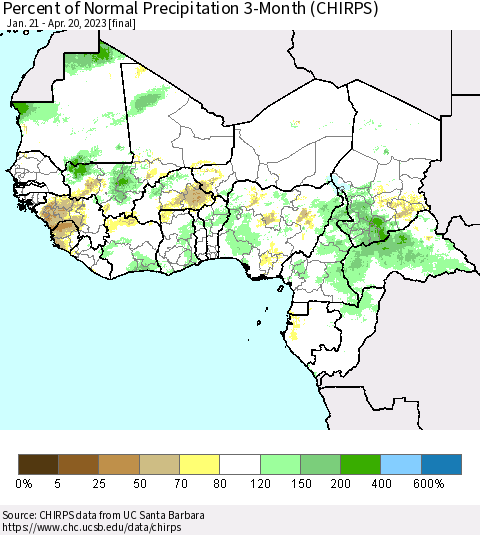 Western Africa Percent of Normal Precipitation 3-Month (CHIRPS) Thematic Map For 1/21/2023 - 4/20/2023