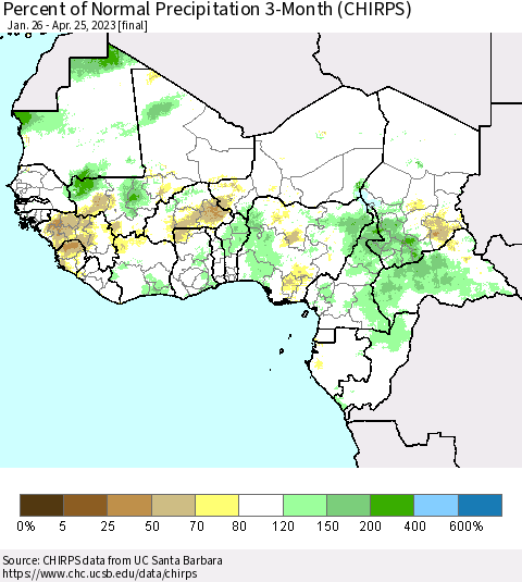 Western Africa Percent of Normal Precipitation 3-Month (CHIRPS) Thematic Map For 1/26/2023 - 4/25/2023