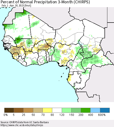 Western Africa Percent of Normal Precipitation 3-Month (CHIRPS) Thematic Map For 2/1/2023 - 4/30/2023