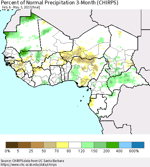 Western Africa Percent of Normal Precipitation 3-Month (CHIRPS) Thematic Map For 2/6/2023 - 5/5/2023