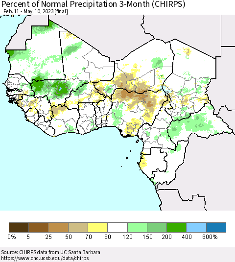 Western Africa Percent of Normal Precipitation 3-Month (CHIRPS) Thematic Map For 2/11/2023 - 5/10/2023