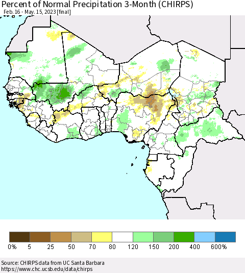 Western Africa Percent of Normal Precipitation 3-Month (CHIRPS) Thematic Map For 2/16/2023 - 5/15/2023
