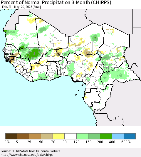 Western Africa Percent of Normal Precipitation 3-Month (CHIRPS) Thematic Map For 2/21/2023 - 5/20/2023