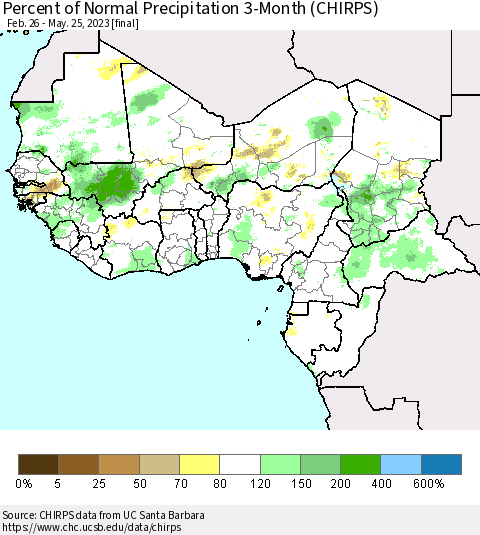 Western Africa Percent of Normal Precipitation 3-Month (CHIRPS) Thematic Map For 2/26/2023 - 5/25/2023