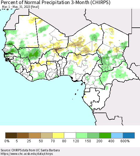 Western Africa Percent of Normal Precipitation 3-Month (CHIRPS) Thematic Map For 3/1/2023 - 5/31/2023
