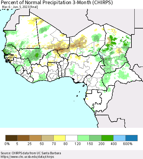 Western Africa Percent of Normal Precipitation 3-Month (CHIRPS) Thematic Map For 3/6/2023 - 6/5/2023