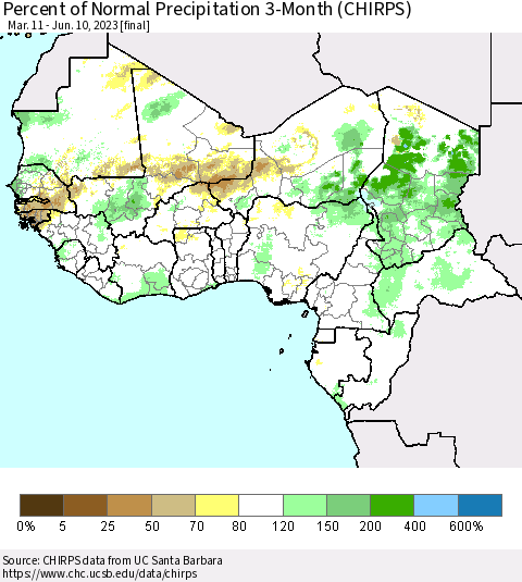 Western Africa Percent of Normal Precipitation 3-Month (CHIRPS) Thematic Map For 3/11/2023 - 6/10/2023