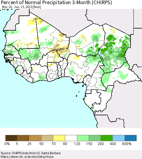 Western Africa Percent of Normal Precipitation 3-Month (CHIRPS) Thematic Map For 3/16/2023 - 6/15/2023