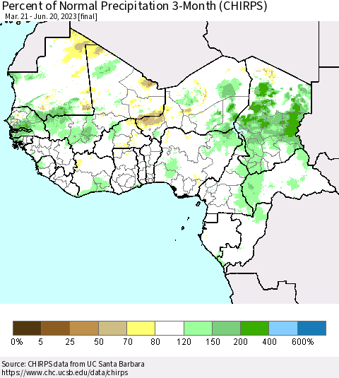 Western Africa Percent of Normal Precipitation 3-Month (CHIRPS) Thematic Map For 3/21/2023 - 6/20/2023