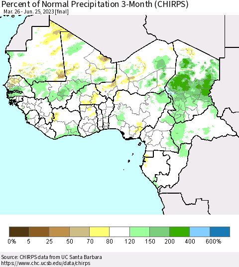 Western Africa Percent of Normal Precipitation 3-Month (CHIRPS) Thematic Map For 3/26/2023 - 6/25/2023