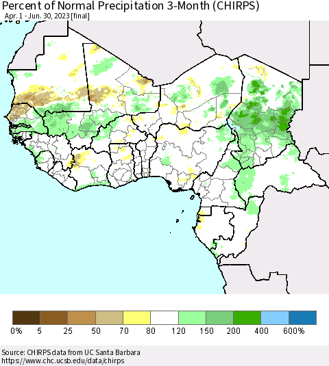 Western Africa Percent of Normal Precipitation 3-Month (CHIRPS) Thematic Map For 4/1/2023 - 6/30/2023