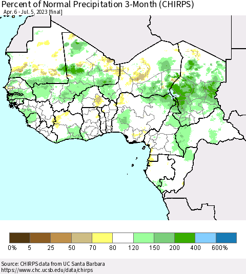 Western Africa Percent of Normal Precipitation 3-Month (CHIRPS) Thematic Map For 4/6/2023 - 7/5/2023
