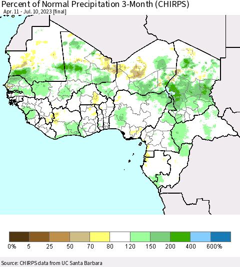 Western Africa Percent of Normal Precipitation 3-Month (CHIRPS) Thematic Map For 4/11/2023 - 7/10/2023