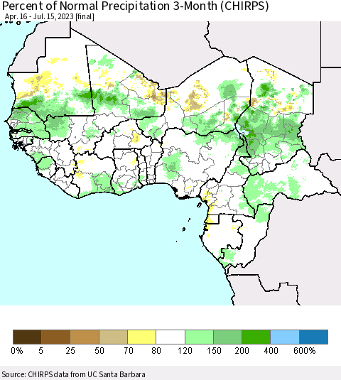 Western Africa Percent of Normal Precipitation 3-Month (CHIRPS) Thematic Map For 4/16/2023 - 7/15/2023
