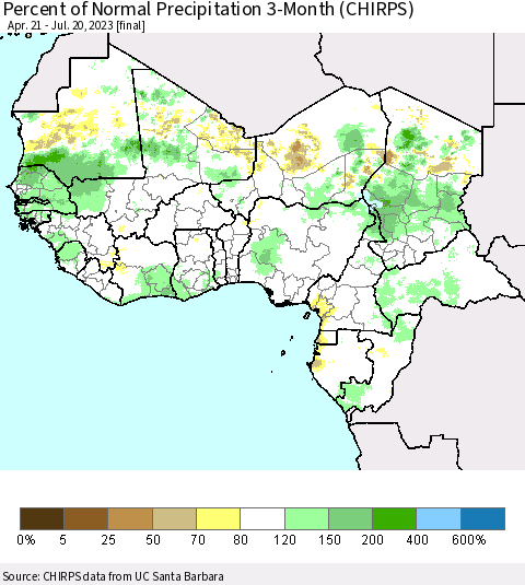 Western Africa Percent of Normal Precipitation 3-Month (CHIRPS) Thematic Map For 4/21/2023 - 7/20/2023